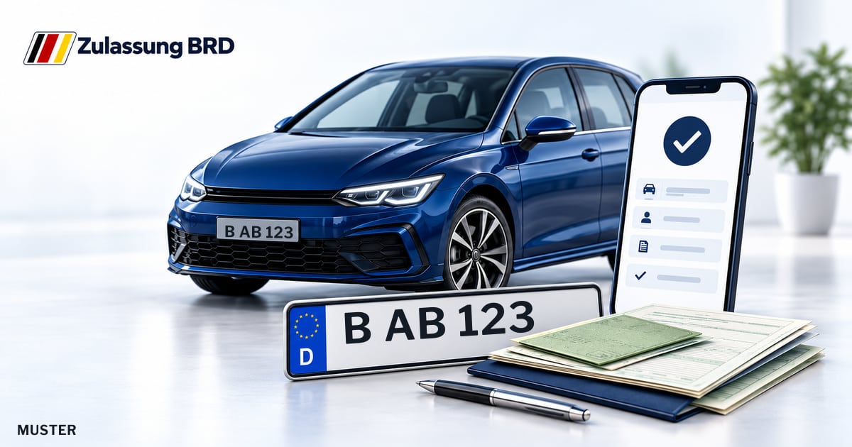 Online Fahrzeugzulassung in Berlin: Musterkennzeichen B AB 123, Auto und Fahrzeugpapiere und Smartphone. Illustration mit Logo von Zulassung BRD.